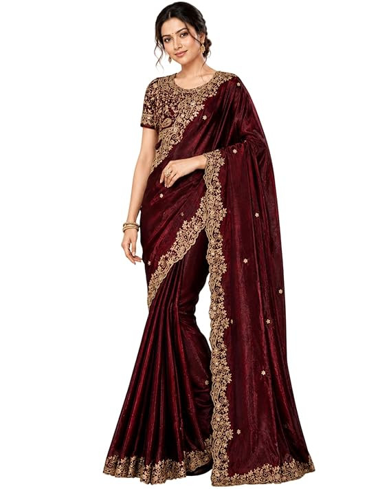 Satin Silk Saree with Multi Sequence Embroidery Work | Heavy Embroidered Wedding Party look Saree with Unstitched Blouse Piece (SR23)