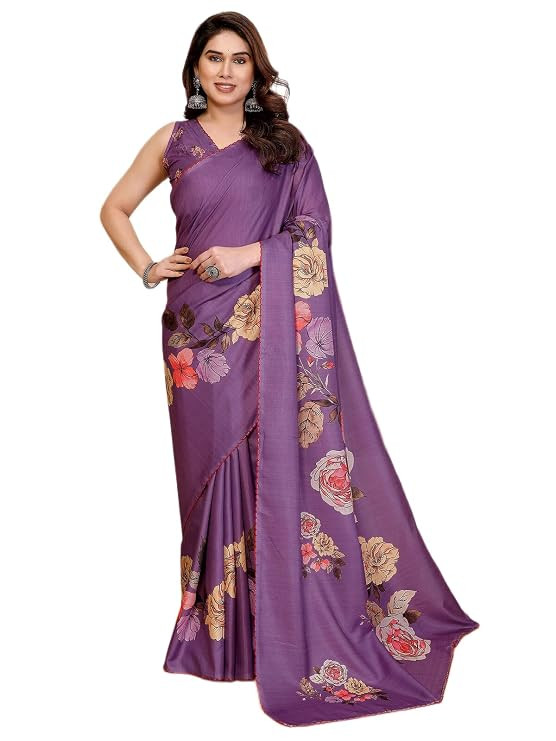 Women's Tussar Silk Scalloped Border Floral Printed Saree with Unstitched Blouse Piece