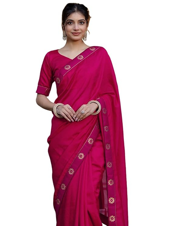 Women's Silk Plain Lace Saree with Unstitched Blouse Piece