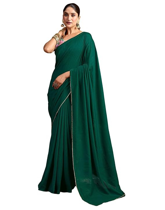 Women's Vichitra Silk Plain Saree with Unstitched Blouse Piece