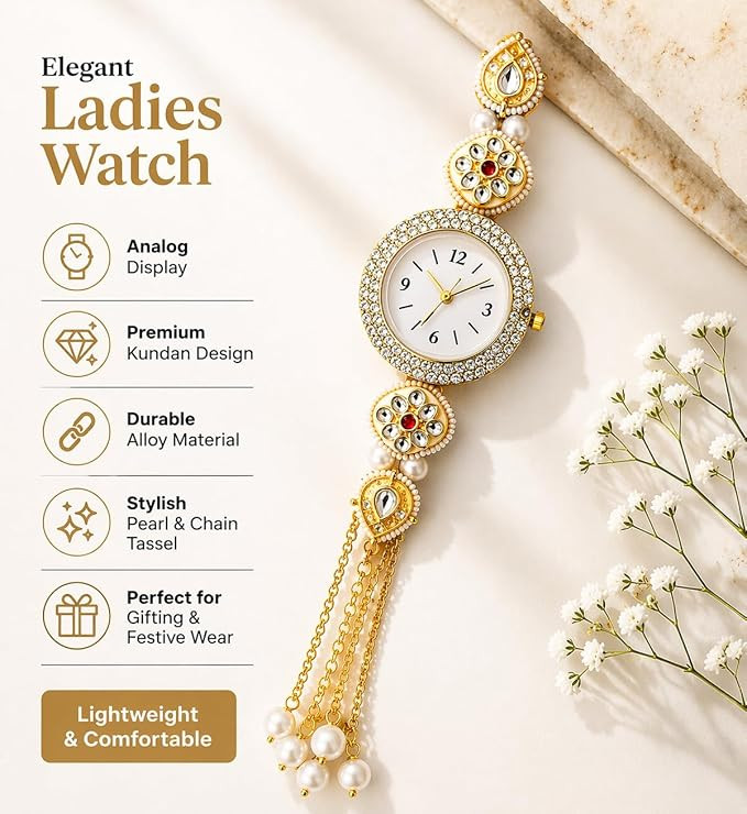 Kashmiri Watch for Women, Kundan Embellished, Ethnic Jewellery Watch with Pearl Tassel, Traditional
