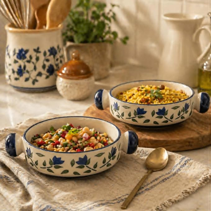 Handmade Ceramic Bowl Set of 2 | Printed Serving Bowls for Soup, Snacks, Dessert & Cereal | Microwave & Dishwasher Safe Kitchen Bowls (Multicolor) (Blue)