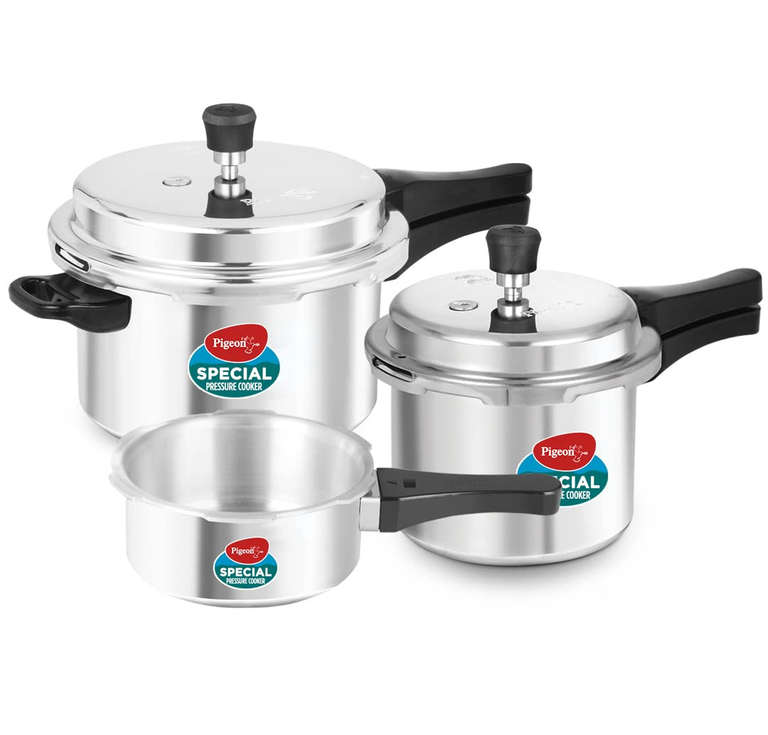 Pigeon by Stovekraft Aluminium Outer Lid Pressure Cooker Combo 2 litre, 3 litre, and 5 litre, Induction Base - 12685 (Silver)
