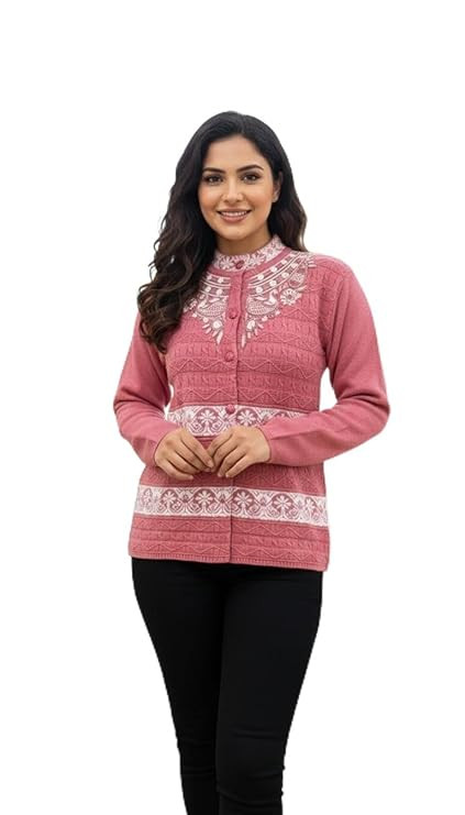 Women's Winter Knitted Cardigan Sweater, Gajri Pink with White Floral Embroidery, Button Front Design, Traditional Pattern