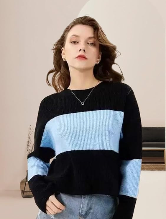 Women's Striped Knit Sweater, Black and White Colour Block, Round Neck, Long Sleeve Pullover