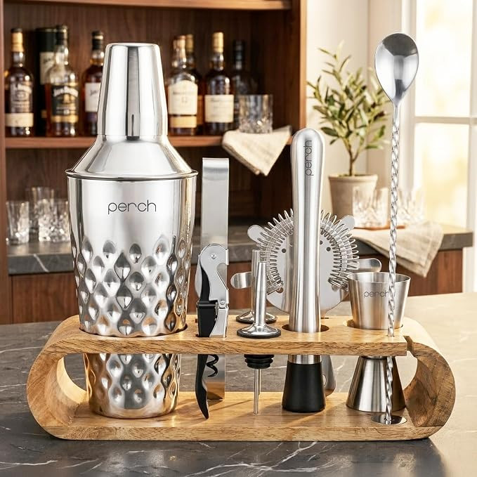 10-Piece Bartender Kit with Mango Wooden Stand|Cocktail Shaker Gift Set with Jigger, Strainer, Spoon,Muddler,Pourers,Tongs & Corkscrew|Home Bar Accessories for Mixing Drinks (Silver)