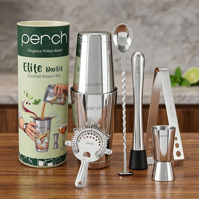 Elite Bartender Kit 6 Piece Cocktail Shaker Set, Stainless Steel Mixology Bar Tool Set with Jigger, Strainer, Muddler, Bar Spoon & Ice Tongs, Home Bar Accessories Gift Set |Silver