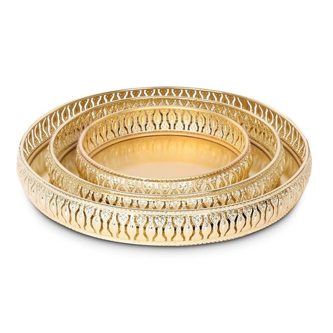 3-Piece Premium Golden Metal Tray Set | Decorative Round Trays for Serving, Gifting, and Home Decor