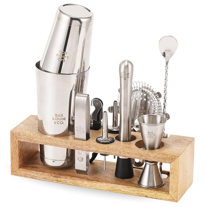 Bar Set with Stand, 10 Pcs Cocktail Shaker Set & Bar Tools Kit, Stainless Steel Bar Accessories with Wooden Display Stand, Complete Home Bar Bartender Kit, Mixology Gift for Men & Couples