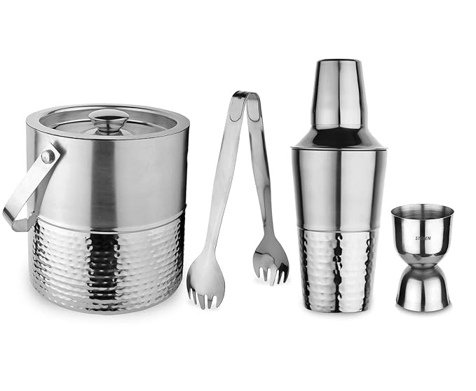 Steel 4 Piece Half Hammered Bar Set for Drink/Gift, Double Wall - Ice Bucket with Tong, Peg Measurer & Cocktail Shaker