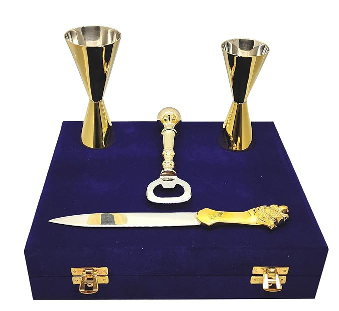 Lovely Bar Set - 4 Brass Items: 1 Bottle Opener, 1 Two-Tone Knife, 2 Peg Measurers (20/40 ml, 30/60 ml) in Velvet Box