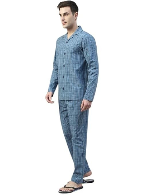 Checked Lapel Collar Long Sleeves Cotton Relaxed Fit Night Suit