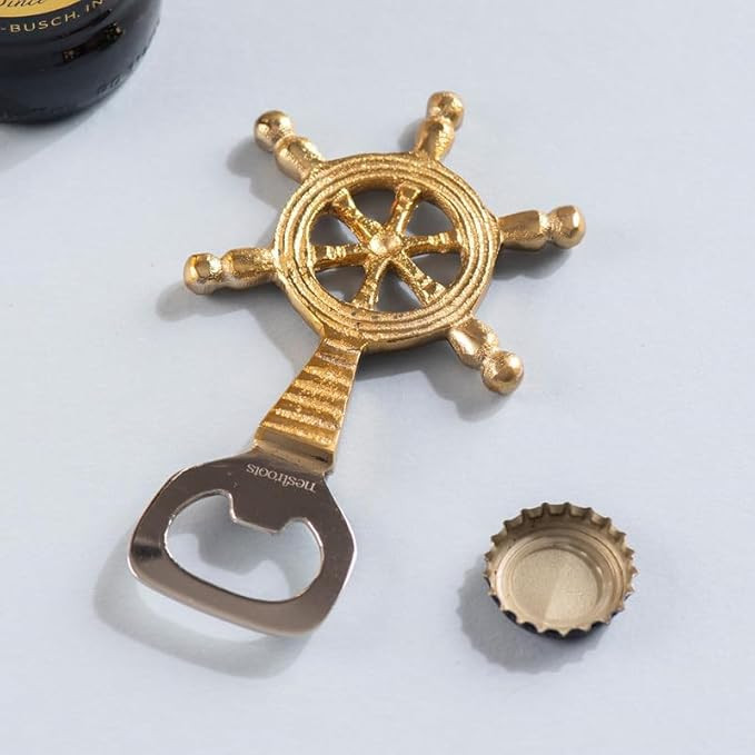 Gold Stainless Steel Ship Steering Wheel Bottle Opener | 8 Inches Nautical Bar Tool and Beer Bottle Opener for Kitchen, Bar Counter, Beverage Station & Gift for Men