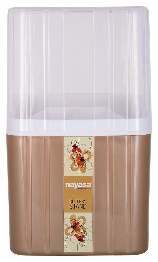 Nayasa Plastic Castle Cutlery Stand | Big | Utensils Holder with Compartments & Drip Tray | Spoon, Fork, Knife & Chopstick Organizer | Tabletop & Kitchen Storage Rack | Brown