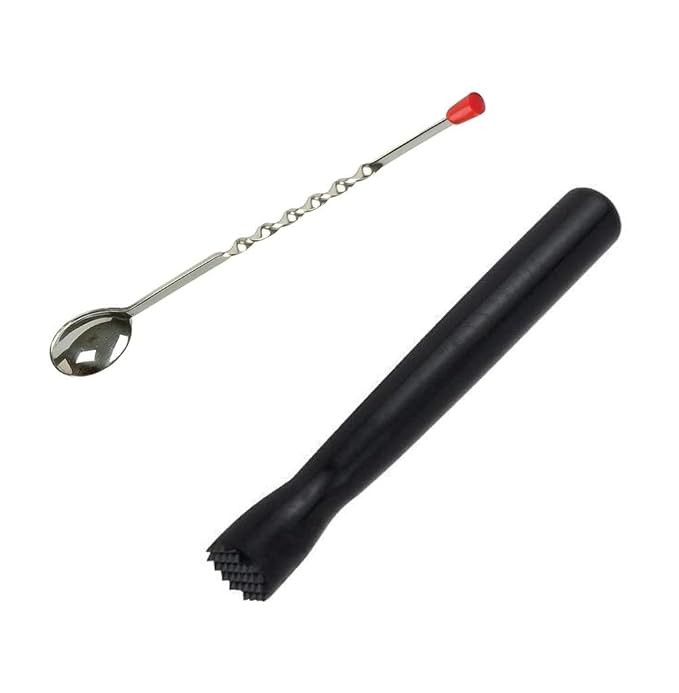 Stainless Steel Bar Spoon/Stirrer with red tip & PVC Muddler with Tenderizer Head for Cocktails and Mocktails, Set of 2