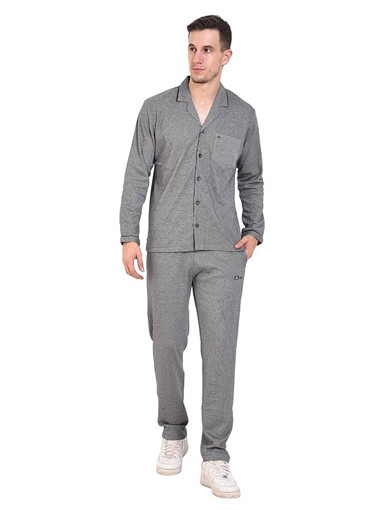 Men’s Cotton Hosiery Full Sleeve Night Suit Regular Fit Notched Collar Pajama Two Pockets Lightweight Breathable Sweat Absorbent Casual Nightwear Morning Walk Plus Sizes