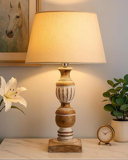 Antique Trophy Table Lamp, Rustic Wooden for Living Room | Antique Bedside Lamp | Nightstand Light for Bedroom, Hallway & Home Décor | E27 Holder, Warm Lighting Accent Beige Shade