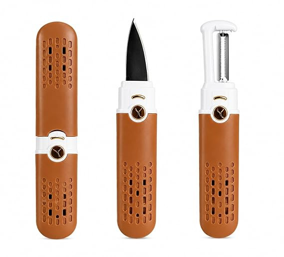3-in-1 Pocket Fruit Knife & Vegetable Peeler | Portable Folding Kitchen Tool with Protective Cover | Stainless Steel Blade | Compact Travel Peeling & Cutting Tool (Brown)