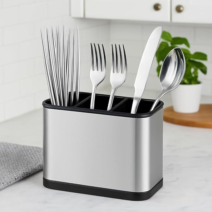Spoon Stand Multi-Compartment Cutlery Holder | Kitchen Countertop Utensil Organizer for Spoons, Forks, Knives Stainless Steel Finish with Anti-Slip with Drainage Base Space Saving Design CH-378