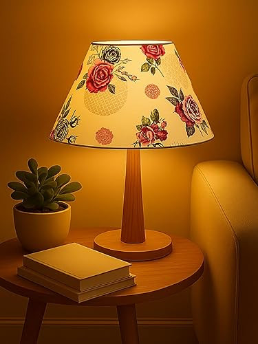 Floral Shade Table Lamp with Warm LED Lighting & Natural Wooden Stand – Perfect for Bedroom, Living Room, Study & Gifting (Rose)