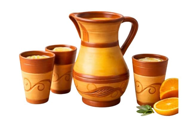 Terracotta Jug with Glass Set, Ceramic Pitcher with Drinking Glasses, Handcrafted Terracotta Drinkware