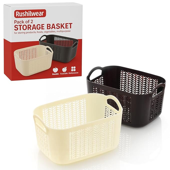 2 Plastic Storage Basket | Multipurpose | With Handles | For Wardrobe, Fruits & Vegetables, Stationary Items | 22 x 15 x 11 cm | Multicolor | Pack of 2