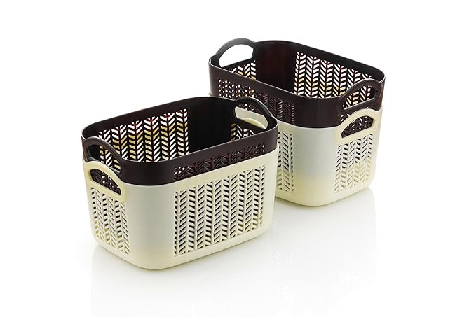 4 Plastic Storage Basket | Multipurpose | With Handles | For Wardrobe, Fruits & Vegetables, Stationary Items | 22 x 15 x 11 cm | Multicolor | Pack of 4