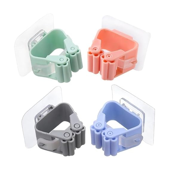 Wall Mounted Mop and Broom Holder – Pack of 4 Heavy Duty Plastic Organizer Racks with Hooks – Space Saving No-Drill Tool Storage for Kitchen, Bathroom, Garage, Closet & Laundry Room