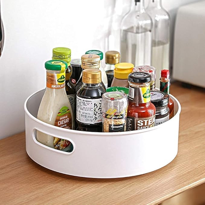(Label) Lazy Susan 360 Rotating Kitchen Spice Cosmetic Holder Organizer Rack Tray (23L X 23B X 75H Cm, White,Plastic, Tiered Shelf)