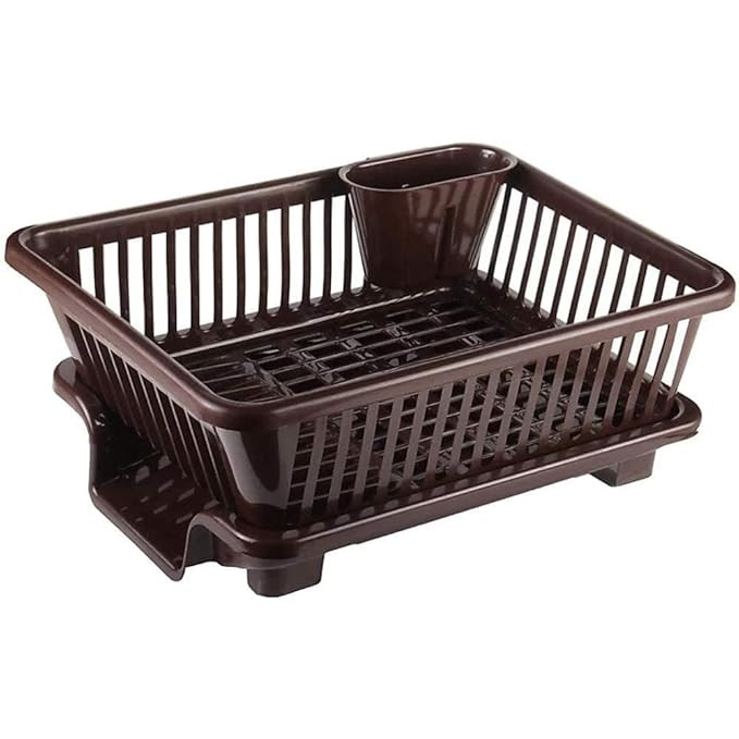 3-in-1 Dish Drainer Rack | Heavy Duty Plastic Kitchen Drying Rack with Water Tray & Utensil Holder | Plate & Bowl Organizer | Pack of 1 (Black)