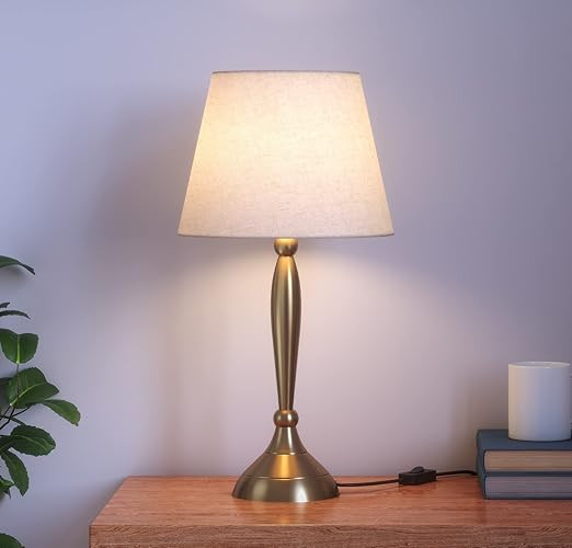 Divine Trends Table Lamp Brass Antique finish 19 inches Height with Off White 10 inches Diameter Lampshade, LED, Incandescant, CFL, Smart Bulbs