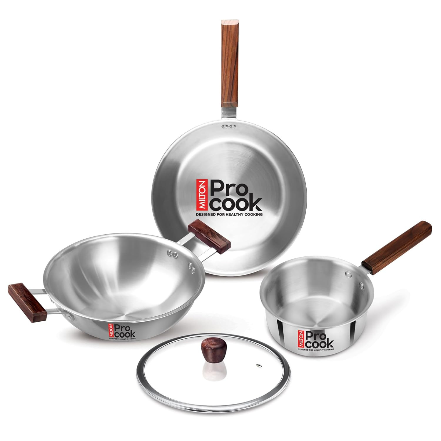 Milton Pro Cook Triply Stainless Steel 4 Pc Cookware Set | 24cm Kadai with Lid, 22cm Frypan, 16cm Tea Pan | Induction & Gas Compatible | Fast Heating | Sturdy Wooden Handle | 3-Year Warranty - Silver