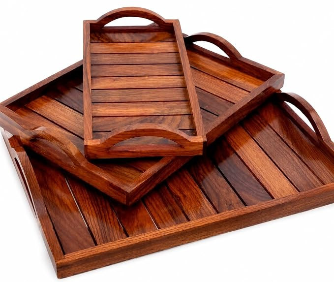 Wooden Serving Tray Set of 3 with Handles | Multipurpose Rectangular Tea & Breakfast Trays | Premium Kitchen, Dining & Home Decor Wooden Tray Set