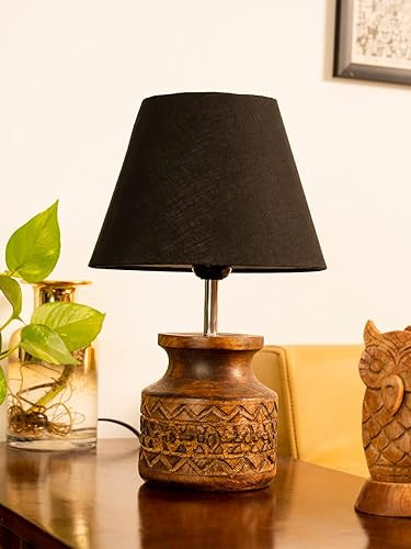 Wooden Carved Lamp with Taper Cotton Black Shade | Reading Lamp | Home Decor Items | Bedside Table Lamp | Room Decor | Wooden Lamp | Living Room Decor| Handcrafted Table Lamp