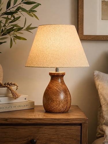 Solid Table Lamp with Fabric Shade & Wooden Base | E27 Bedside Lamp for Bedroom, Living Room & Study | Decorative Night Light for Home Décor (Bulb Not Included) (Jute)