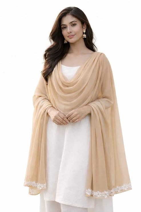 Beige Dupatta with White Floral Lace Border, Elegant Embroidered Scarf for Traditional Indian Wear