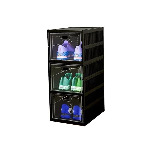 3 Tier Shoe Rack Collapsible Shoe Organiser with Door - Foldable Sneaker Crates Footwear Organiser for Men, Women, Heels, Boots, Loafers, Sneakers, Slippers (Black)