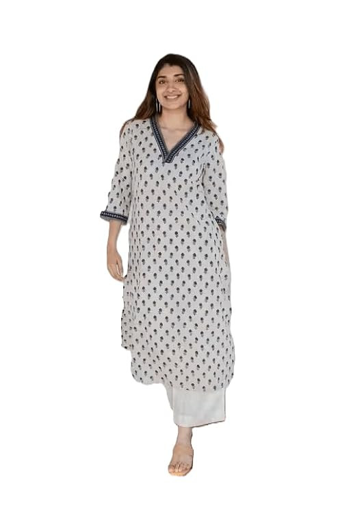 Women's Off White Rayon Straight Kurta, Floral Block Print, V-Neck, 3/4 Sleeves, Knee Length