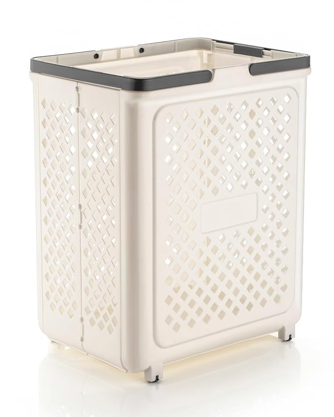 Collapsible Laundry Basket with Wheels and Handle, Plastic Foldable Laundry, 45L Versatile Portable Storage Basket for Laundry and Bathroom (WHITE)