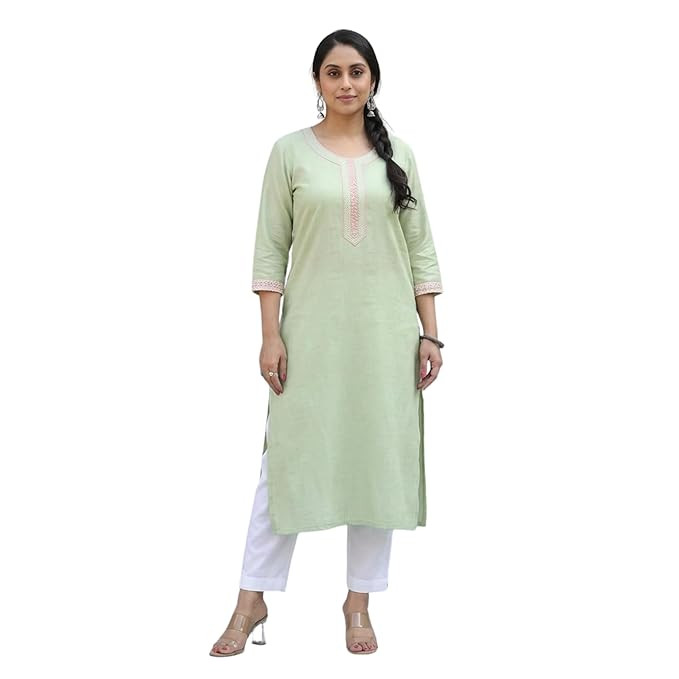 Women's Cotton Blend Straight Embroidered Kurta | Round Neck 3/4 Sleeve Calf Length Kurti for Casual & Office Wear | Light Green | (M-XXL)