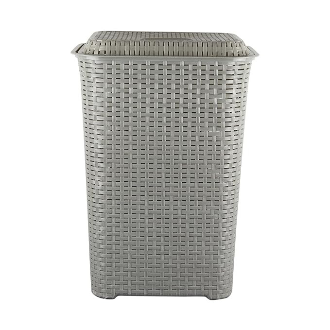 Laundry Basket with Lid (50 L) | Lightweight, Portable Plastic Storage Organizer for Clothes, Toys, Books | Multipurpose Hamper Bin | Light Grey