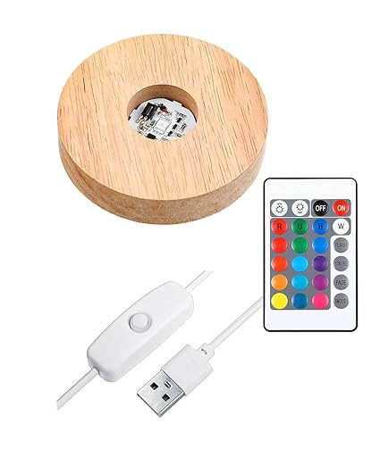 Wood RGB 16 Colour Led Light Round Wooden Display Base Stand with USB Cable Switch and 24 Key Remote Control for 3D Crystal Glasses, Resin Art, Trophy, Award etc Pack of (1)