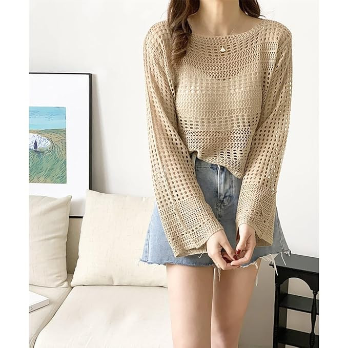 Women Short Openwork Sunscreen Knitted Pullover Women Summer Seaside Resort Loose Design Sense Long-Sleeve Sweater Top