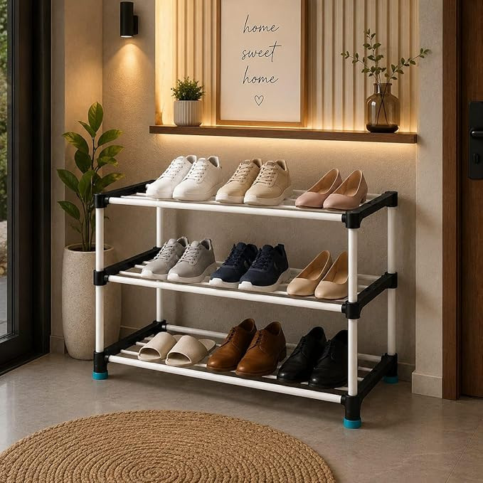 3 Layer Shoe Rack for Home, Portable Footwear Organizer, Foldable Shoe Storage Rack, Durable Metal Frame Shoe Shelf for Closet Bedroom and Entryway (3)