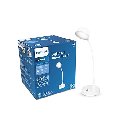 Philips 5W Lumos White LED Desk Light | 3-in-1 Study Lamp with Adjustable Brightness | EyeComfort Technology | Energy Efficient LED | Modern Table Lamp for Study & Work | Pack of 1