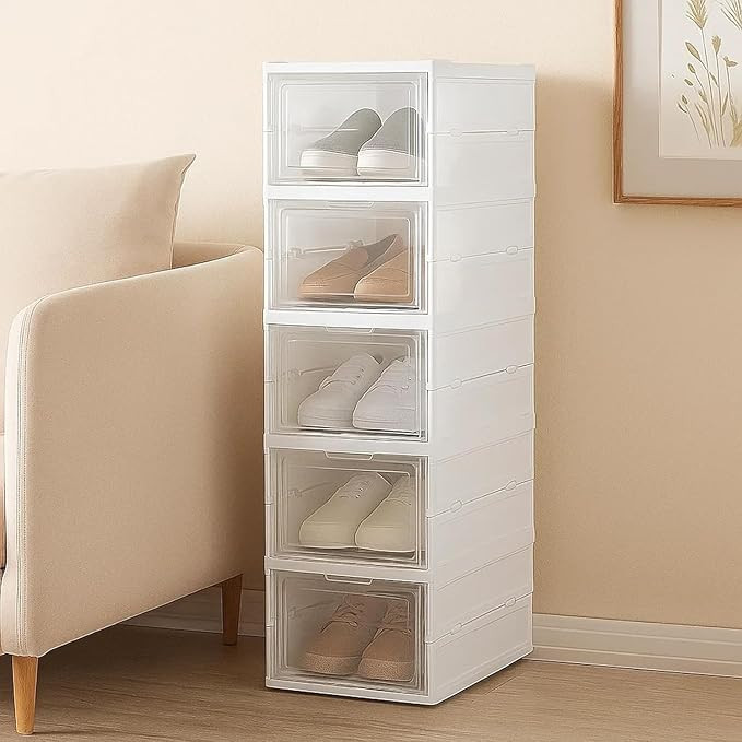5-Tier Shoe Rack Collapsible Shoe Organiser with Door - Foldable Sneaker Crates Footwear Organiser for Men, Women, Heels, Boots, Loafers, Sneakers, Slippers (White) (5-Layer)
