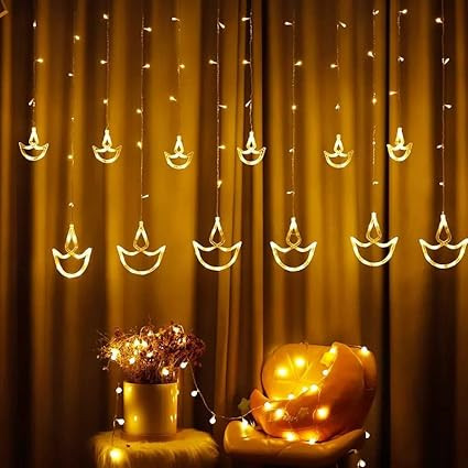 Warm White Diya/Diwali Light Curtain,String Lights with Pack of 12 Hanging Diyas, 8 Flashing Modes, Decoration