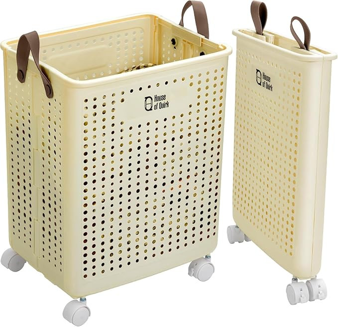 Collapsible Laundry Basket with Wheels and Handle, Plastic Foldable Laundry Hamper, 60L Versatile Portable Storage Basket for Laundry and Bathroom (38x30x53cm, Large), Cream