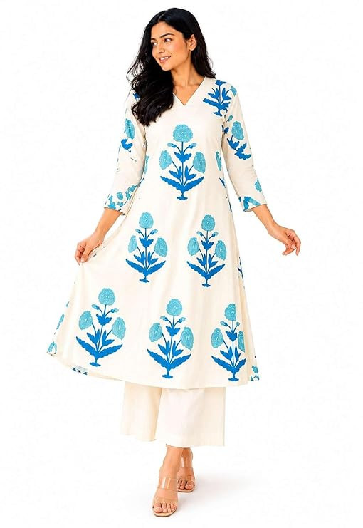 Women's Cotton Printed Straight Kurti with Palazzo