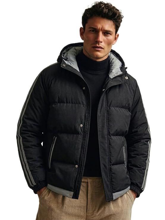 Men's Hooded Puffer Jacket, Black with Grey Stripe Detail, Quilted Winter Coat